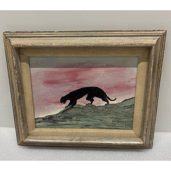 MCM Minimalist Panther Oil Painting on Canvas with Wood/ Linen Frame - Picture 1 of 6